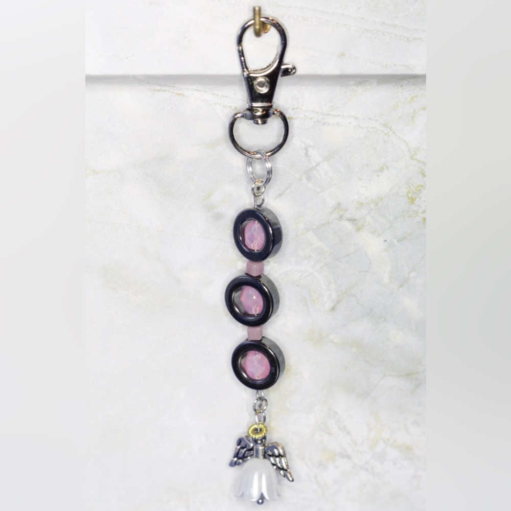 One of a Kind Handmade Hematite and Pink Stone Bead Angel Keychain Bag Charm